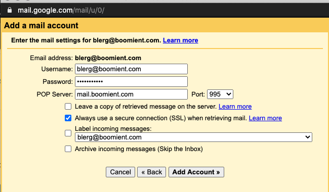 incoming mail server pop3 for gmail